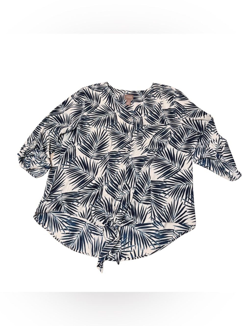 Chico's women’s plus Navy and White Palm-Print Tie-Front Blouse